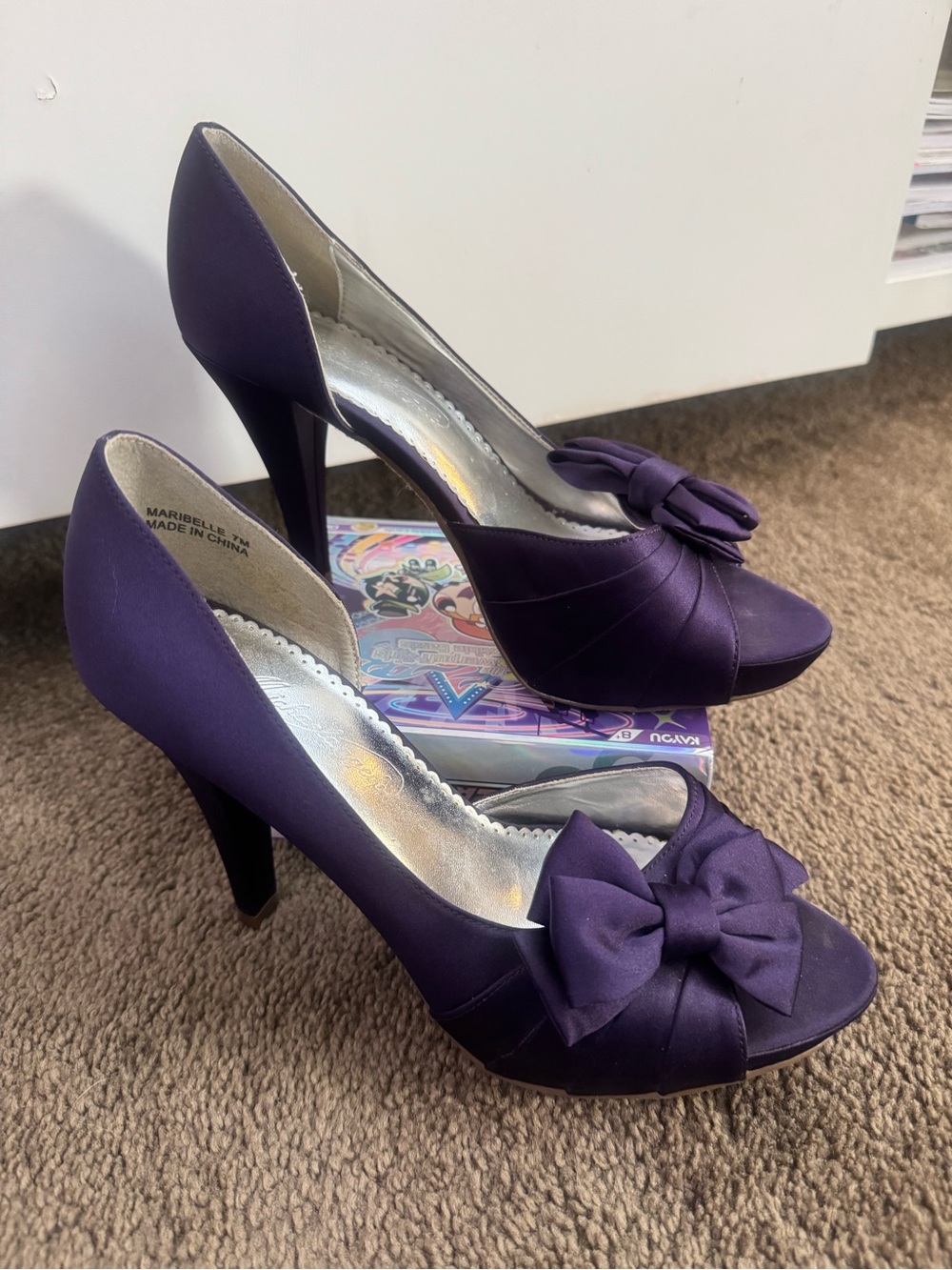 Michaelangelo Purple Satin Peep-Toe Heels with Bow Accent